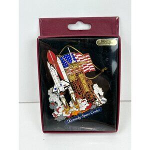 J.P. Kennedy Space Center Solid Brass Ornament With Shuttle & Flag